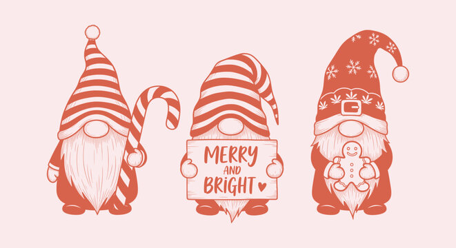 Hand-drawn Christmas gnomes set with candy cane and gingerbread man for winter holiday decorations.