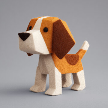 A cute, stylized beagle made from felt, featuring distinctive brown and white markings, a rounded body, and a friendly expression.
