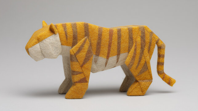 A vibrant, geometric representation of a tiger, crafted from felt, showcasing bold orange and white colors with striking black stripes.