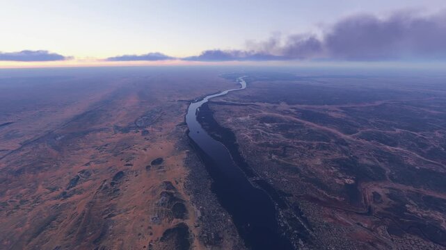 Sunset aerial drone view of the Nile River. Egypt