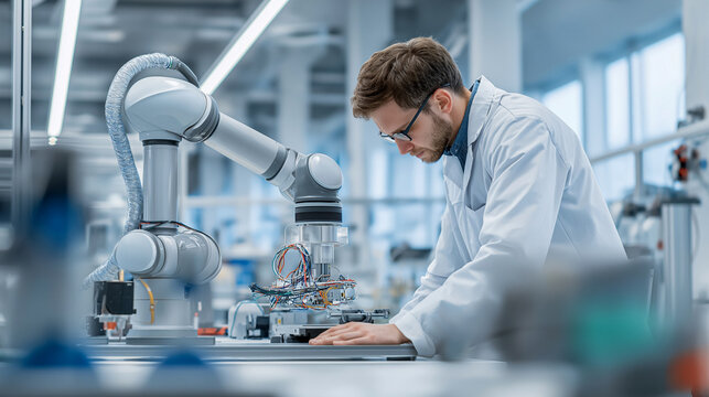 Engineer testing collaborative robot arm in laboratory representing automation robotics engineering innovation and industrial technology