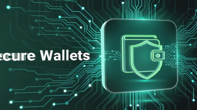 Futuristic green digital wallet icon with a security shield glowing on a circuit board background, representing financial technology, data protection, and secure online cryptocurrency transactions