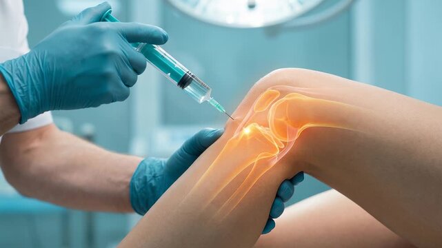 Doctor performing an intra articular injection in a patient's knee to treat joint pain, osteoarthritis, or cartilage damage, with a visible x ray animation of the bone structure