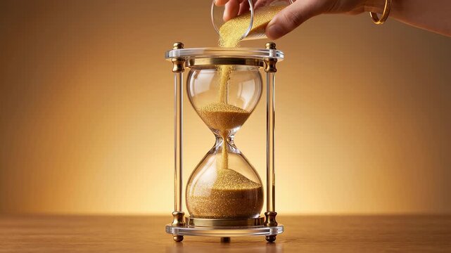 Elegant vintage hourglass with flowing sand measuring the passing of time on a warm, golden background. The glass timer represents concepts like deadlines, countdowns, and the passage of life