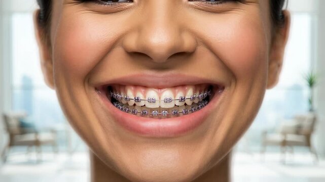 Perfect healthy teeth of a young smiling woman with dental brackets during orthodontic treatment, showing a beautiful wide smile with great confidence in a bright modern dental clinic