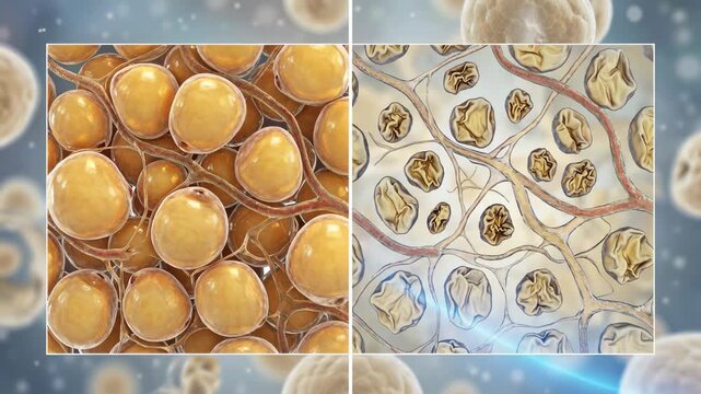 Medical animation showing fat cells shrinking inside adipose tissue due to weight loss, with a before and after comparison demonstrating the effects of a diet on the human body's metabolism