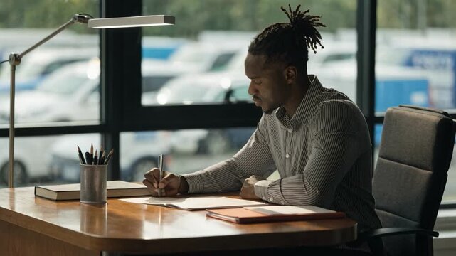 Medium shot featuring a financial advisor finalizing fleet sales loan paperwork at a desk with a softly blurred fleet of vehicles visible through the window