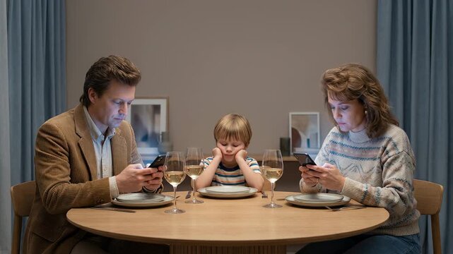Sad little boy feeling lonely and bored while his mother and father are absorbed in their smartphones, ignoring him during a family dinner at home in the evening