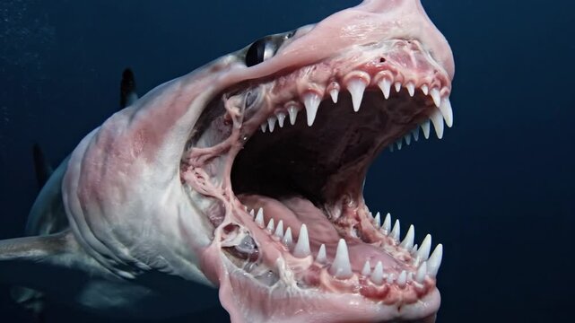 Close up of a shark opening its mouth with sharp teeth in the ocean