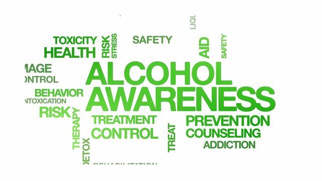 Alcohol awareness concept Animated Tag Word Cloud kinetic typography Animation seamless loop video motion graphics Intro sexually transmitted disease wordart green type on white background backdrop bg