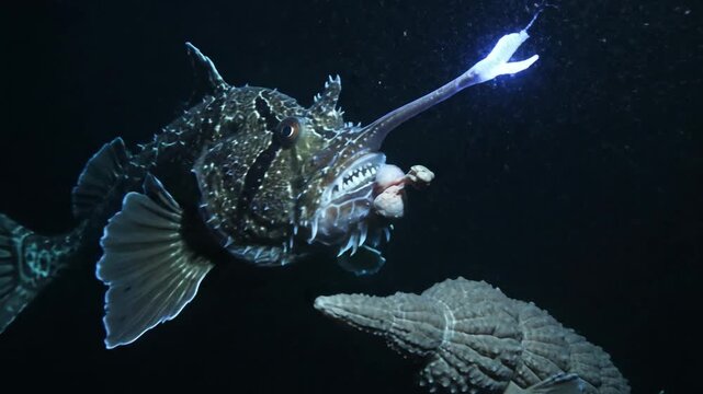 Anglerfish with bioluminescent lure in a dark marine environment