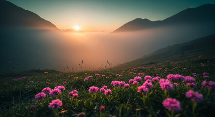 Fototapeta premium Sunset over mountain peaks with pink wildflowers in the foreground