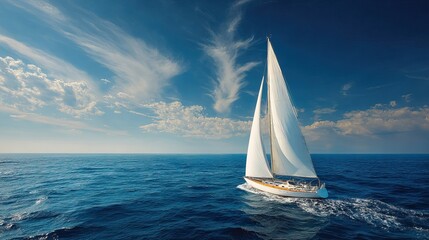 Obraz premium Elegant white sailboat with tall sail gliding across deep blue open ocean under bright sky with wispy clouds. AI generated image
