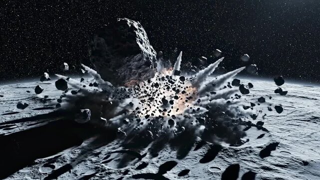 Large asteroid collides with the cratered surface of the moon, creating a massive explosion. High-contrast lighting highlights photorealistic textures and ejected debris against deep space.