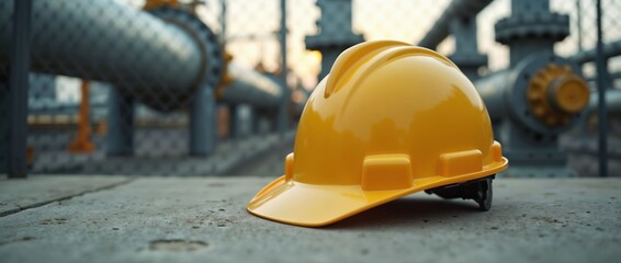 Fototapeta premium Yellow safety helmet on industrial pipeline at sunset