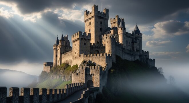 Majestic medieval stone castle standing atop a hill surrounded by misty clouds under dramatic