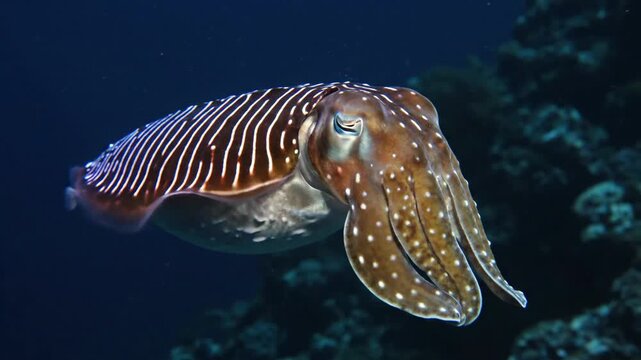 Cuttlefish swimming in the deep blue ocean water