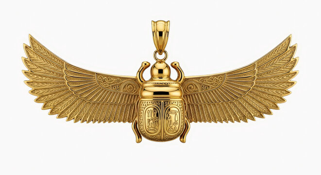 Intricate golden winged scarab amulet pendant featuring detailed egyptian hieroglyphics and crafting