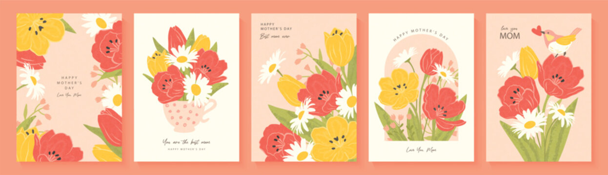 Set of festive Mother's Day greeting card templates featuring floral arrangements and a bouquet in a cup. Designs are in grainy vintage style.Vector illustration for spring holidays.