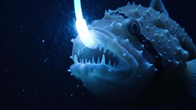 Anglerfish with glowing lure in dark underwater environment
