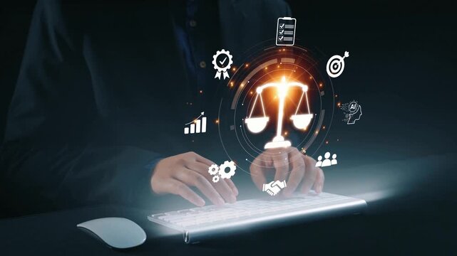 Futuristic digital law interface displaying justice scale, highlighting digital law, AI compliance, digital law systems, and digital law regulations for secure governance. Elide