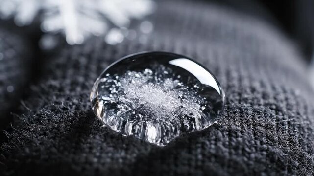 Crystalline snowflake melts and dissolves into a clear water droplet on dark fabric. Macro photography captures the transition from ice crystal to liquid with sharp focus.