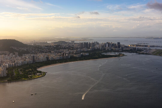 View of Flamengo beach, Centro and Guanabara bay in Rio de Janeiro, Brazil. Skyline of Rio de Janeiro. Sunset cityscape of Rio de Janeiro