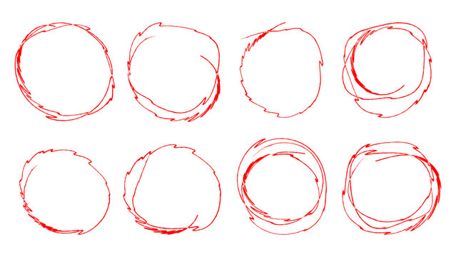 red hand drawn circular marker highlights and frames set, textured red ink scribbles and round doodle circle elements, handwritten red marker frames for emphasis and correction, abstract scratchy red 