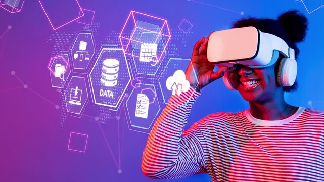A young woman joyfully engages with virtual reality technology, wearing a headset against a background of digital graphics and data visualizations, symbolizing innovation. Raster