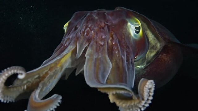 Cuttlefish with open tentacles against a dark background