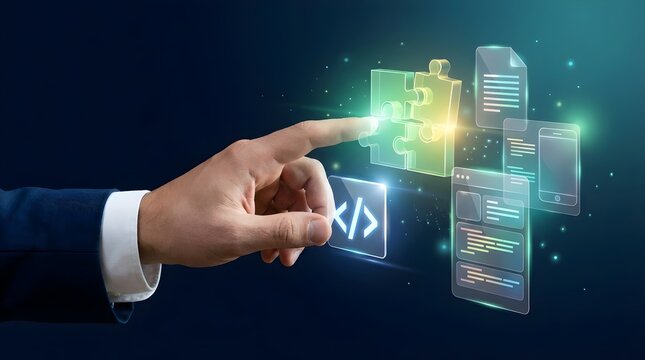 Businessman touching floating digital code and application icons hologram, software development programming and innovation technology concept in dark studio
