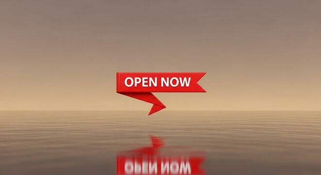 Red "open now" ribbon banner with text reflecting on still water surface, inviting customers, business call to action element, soft gradient background