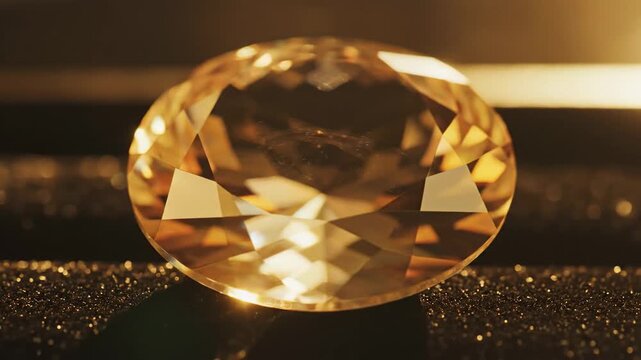 Close up of a sparkling golden gemstone on black textured surface