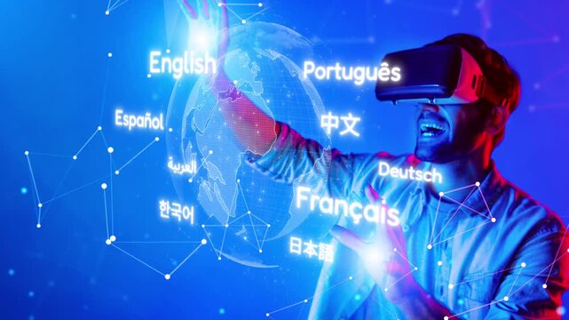 A cheerful man interacts with virtual reality technology, exploring various languages on a glowing globe. This image captures the excitement of digital learning and connection. Raster