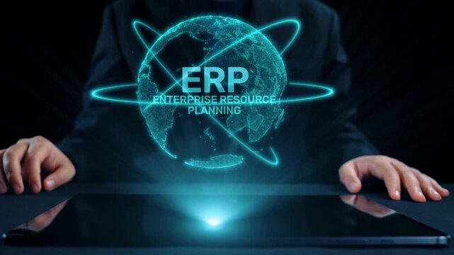 ERP platform visual showing centralized system for enterprise resource planning, improving integration, data flow, business efficiency, finance, inventory, and human resources. Elide