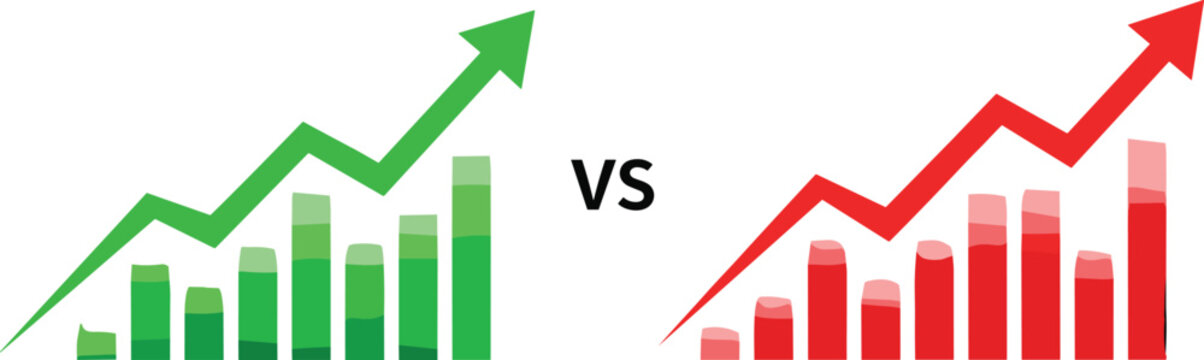 Green vs Red Growing Bar Chart with Upward Arrows for Business, Financial Growth, and Market Trends in Digital Media and Reports