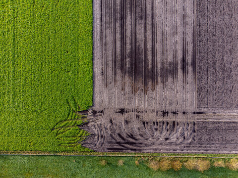 Aerial view of verdant fields juxtapose with dark, tilled earth, tire tracks carving patterns across the landscape, Hunebed D52, Diever, Drenthe, Netherlands.