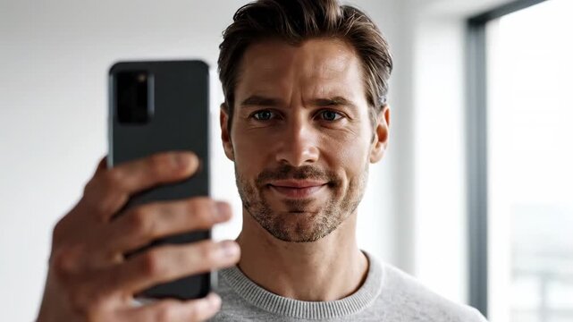 This shows a man using a smartphone with face recognition technology. The man's face is scanned with a blue digital overlay, illustrating a secure identification process in a modern setting.