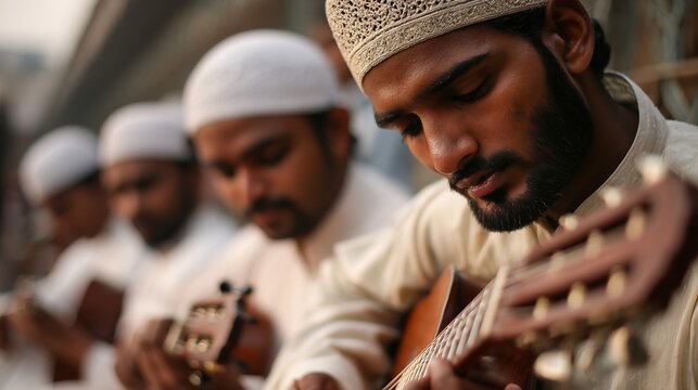Musician playing a stringed instrument, focused expression