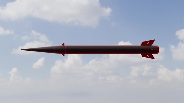Looped 3D Black Fattah Missile with Red Fins Flying in Blue Sky with White Clouds