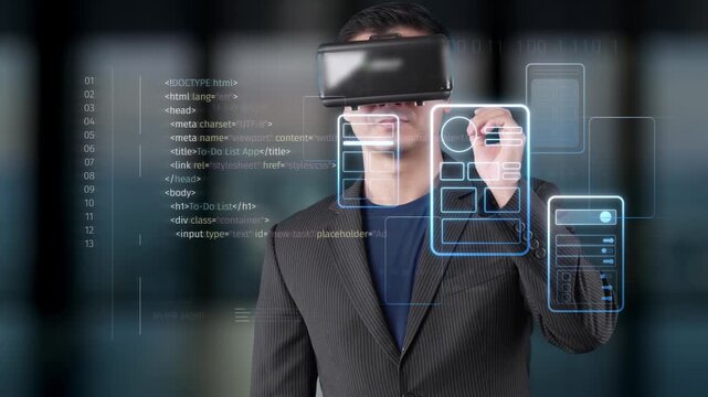 A young business professional is immersed in virtual reality using a headset, exploring a digital interface in a modern workspace, showcasing innovative technology. Raster