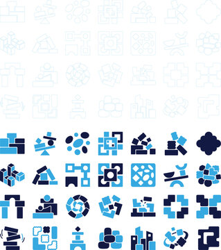 Building blocks and shapes in blue and dark blue for construction and play.