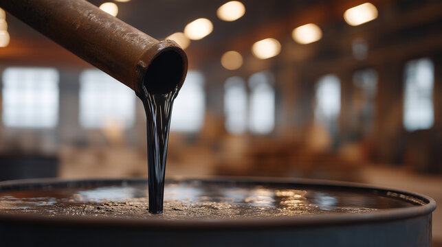 Plastic pyrolysis output close-up, dark diesel-range oil dripping from a collection spout into a metal drum, industrial setting with harsh overhead lighting emphasizing texture and process detail, p