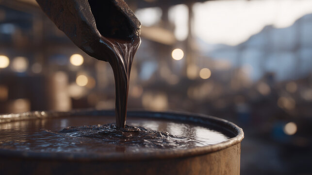 Plastic pyrolysis output close-up, dark diesel-range oil dripping from a collection spout into a metal drum, industrial setting with harsh overhead lighting emphasizing texture and process detail, p