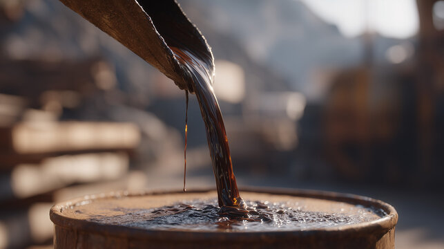 Plastic pyrolysis output close-up, dark diesel-range oil dripping from a collection spout into a metal drum, industrial setting with harsh overhead lighting emphasizing texture and process detail, p