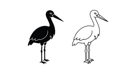Fototapeta premium Minimalist stork vector icons, black silhouette and outline crane bird illustrations, elegant standing heron wildlife graphics for logo design