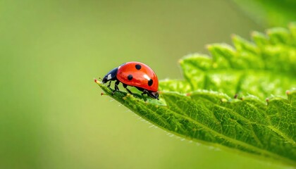 Fototapeta premium Ladybug on a Green Leaf Closeup.