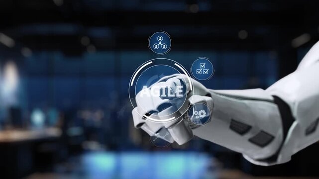 This image showcases a robotic hand interacting with a digital interface that emphasizes agile methodology, set in a sleek and modern workplace environment. Synapse