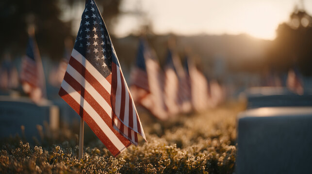Rows of American flags line military cemetery at dawn, dew on grass catches early light, single folded flag rests on marble bench, perfect for Memorial Day tribute, national remembrance, and contemp