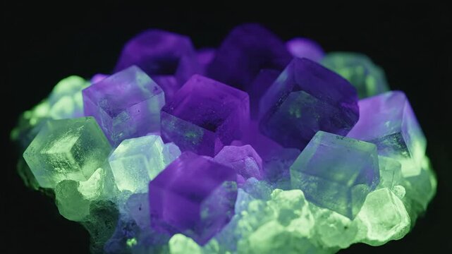 Close up of a vibrant glowing fluorescent fluorite mineral